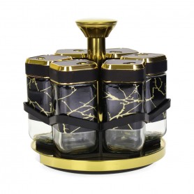 6-piece spice set with glass containers and a metal base