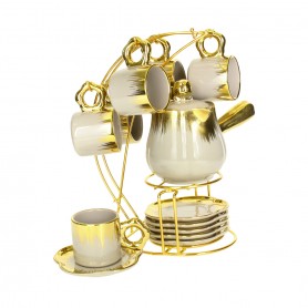Porcelain Coffee Cup Set with Coffee Pot and Stand.