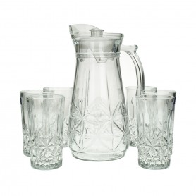 A set of a teapot and 6 clear, faceted glasses
