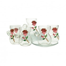 طقم 6 كاسات شاي ورد نافر مع طبق