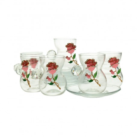 طقم 6 كاسات شاي ورد نافر مع طبق