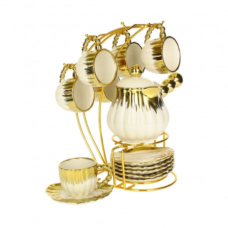 Porcelain Coffee Cup Set with Coffee Pot and Stand.