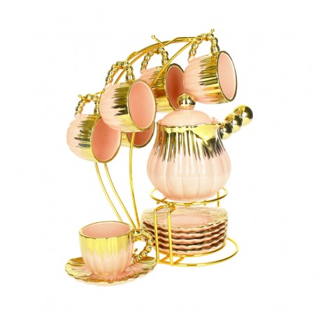 Porcelain Coffee Cup Set with Coffee Pot and Stand.