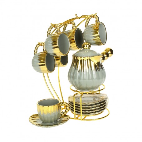 Porcelain Coffee Cup Set with Coffee Pot and Stand.