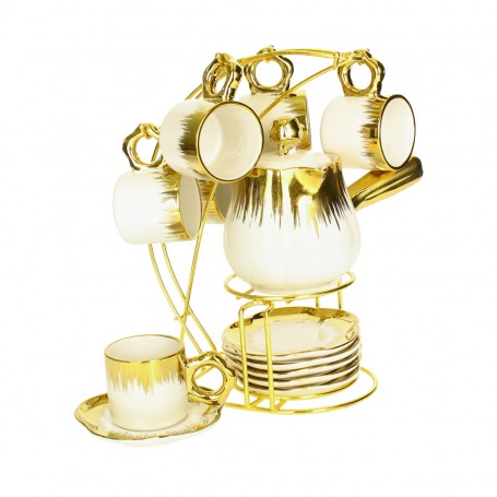 Porcelain Coffee Cup Set with Coffee Pot and Stand.