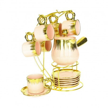 Porcelain Coffee Cup Set with Coffee Pot and Stand.