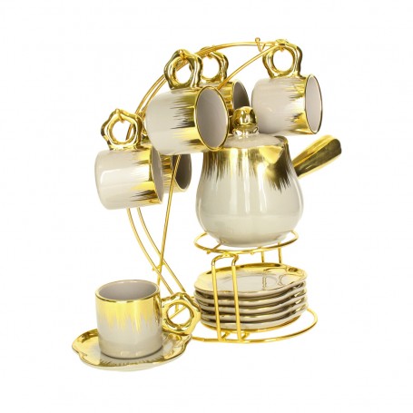 Porcelain Coffee Cup Set with Coffee Pot and Stand.