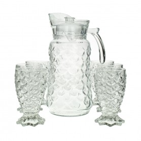A set of a teapot and 6 clear, faceted glasses