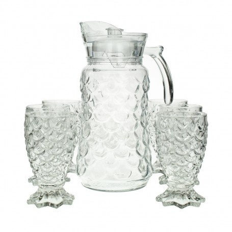 A set of a teapot and 6 clear, faceted glasses