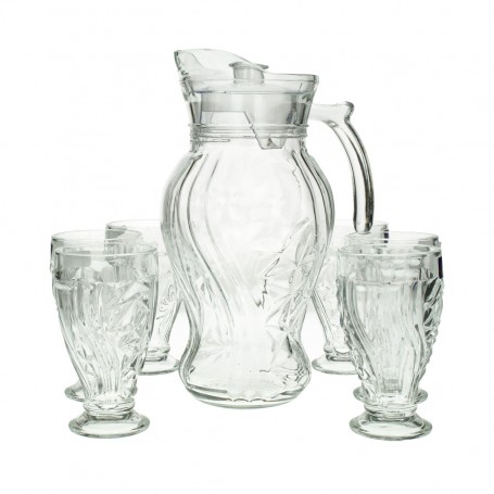 A set of a teapot and 6 clear, faceted glasses