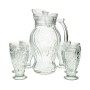 A set of a teapot and 6 clear, faceted glasses