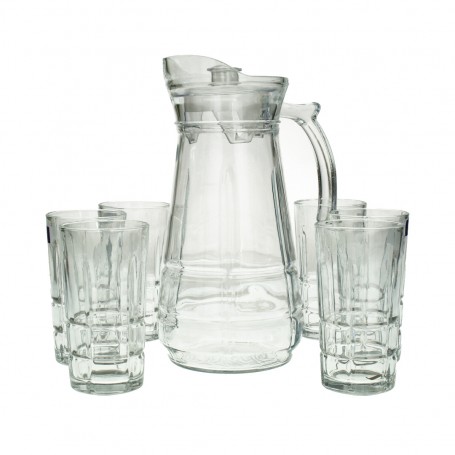 A set of a teapot and 6 clear, faceted glasses