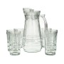 A set of a teapot and 6 clear, faceted glasses