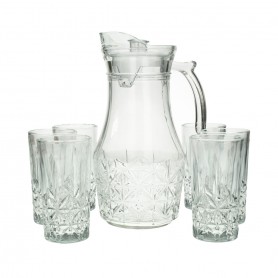 A set of a teapot and 6 clear, faceted glasses