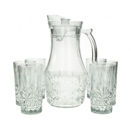 A set of a teapot and 6 clear, faceted glasses