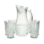 A set of a teapot and 6 clear, faceted glasses