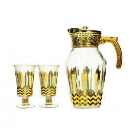 A set of a teapot and 6 gold-rimmed, faceted glasses
