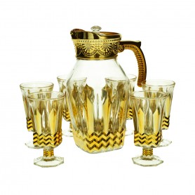A set of a teapot and 6 gold-rimmed, faceted glasses