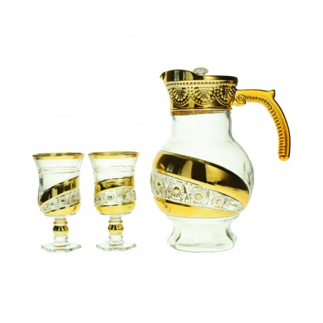 A set of a teapot and 6 gold-rimmed, faceted glasses