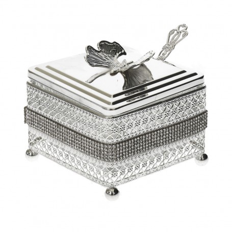 Glass sugar bowl with a diamond-shaped metal holder and a spoon