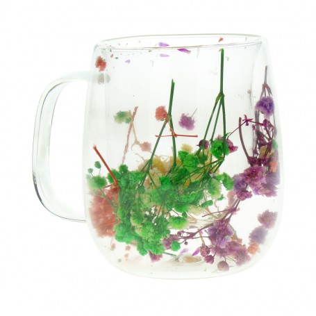 Double-walled glass cup with dry flower handle