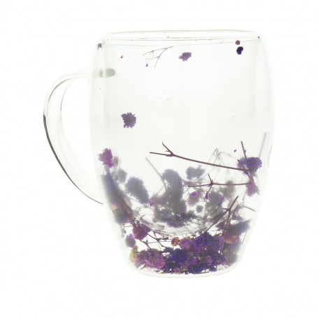 Double-walled glass cup with dry flower handle