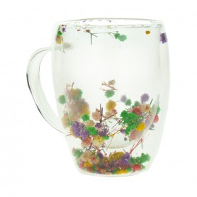 Double-walled glass cup with dry flower handle