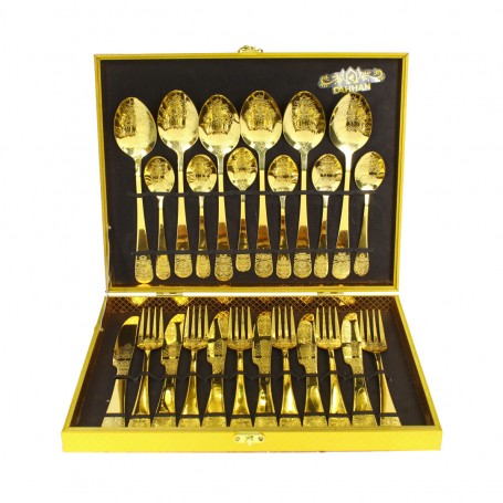 24-Piece Metal Tableware Set with Embossed Design and Carrying Case.