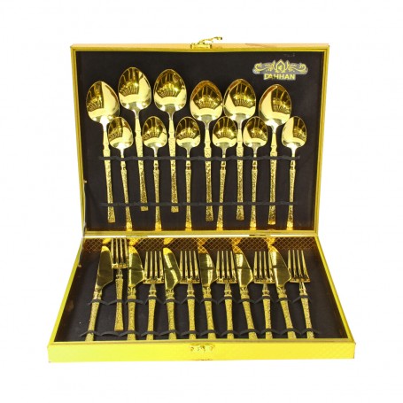 24-Piece Metal Tableware Set with Embossed Design and Carrying Case.