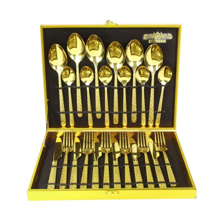 24-Piece Metal Tableware Set with Embossed Design and Carrying Case.