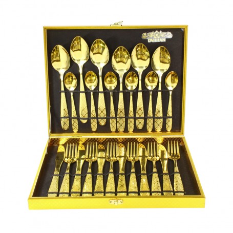 24-Piece Metal Tableware Set with Embossed Design and Carrying Case.
