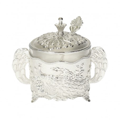 Glass Sugar Bowl with Metal Holder and Spoon.