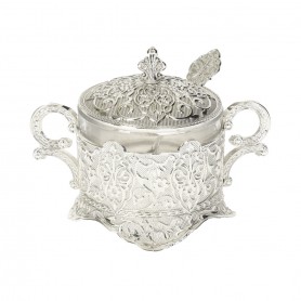 Glass Sugar Bowl with Metal Holder and Spoon.