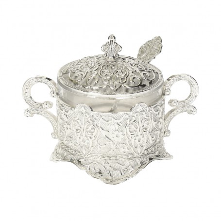 Glass Sugar Bowl with Metal Holder and Spoon.