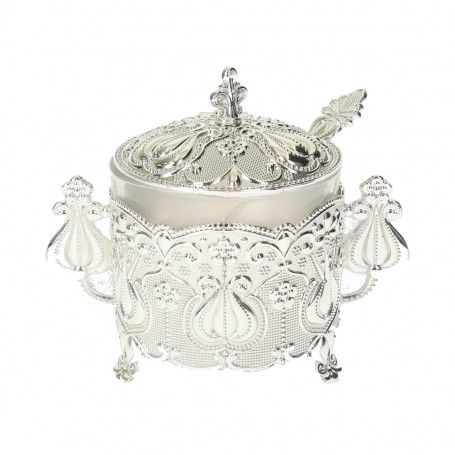 Glass Sugar Bowl with Metal Holder and Spoon.